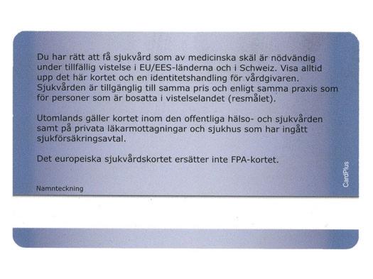 EHIC card Finland - back (Swedish)