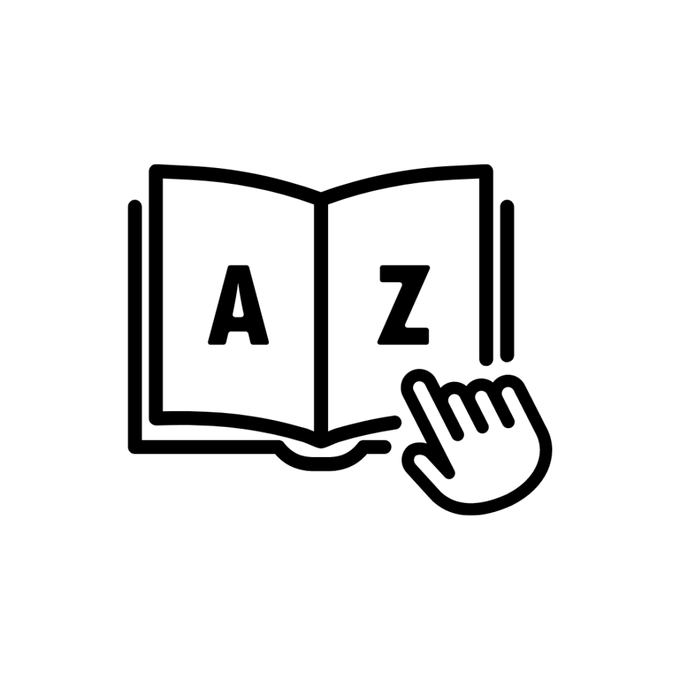 Glossary pictogram: an hand leafing through a "A to Z" book 