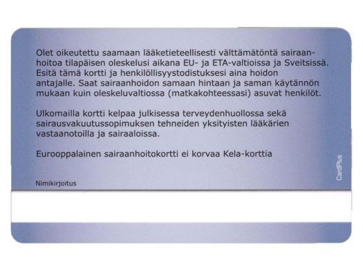 EHIC card Finland - back (Finnish)