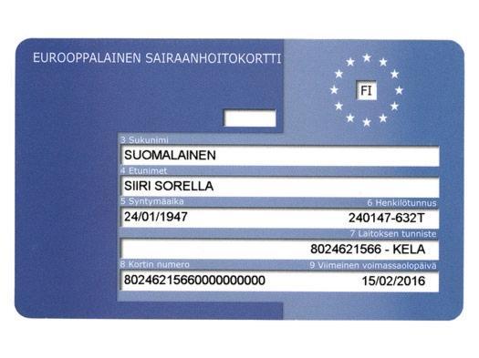 EHIC card Finland - front (Finnish)