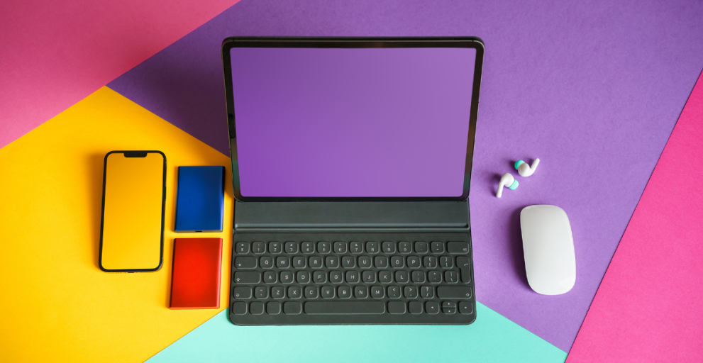 Laptop in a colourful table.